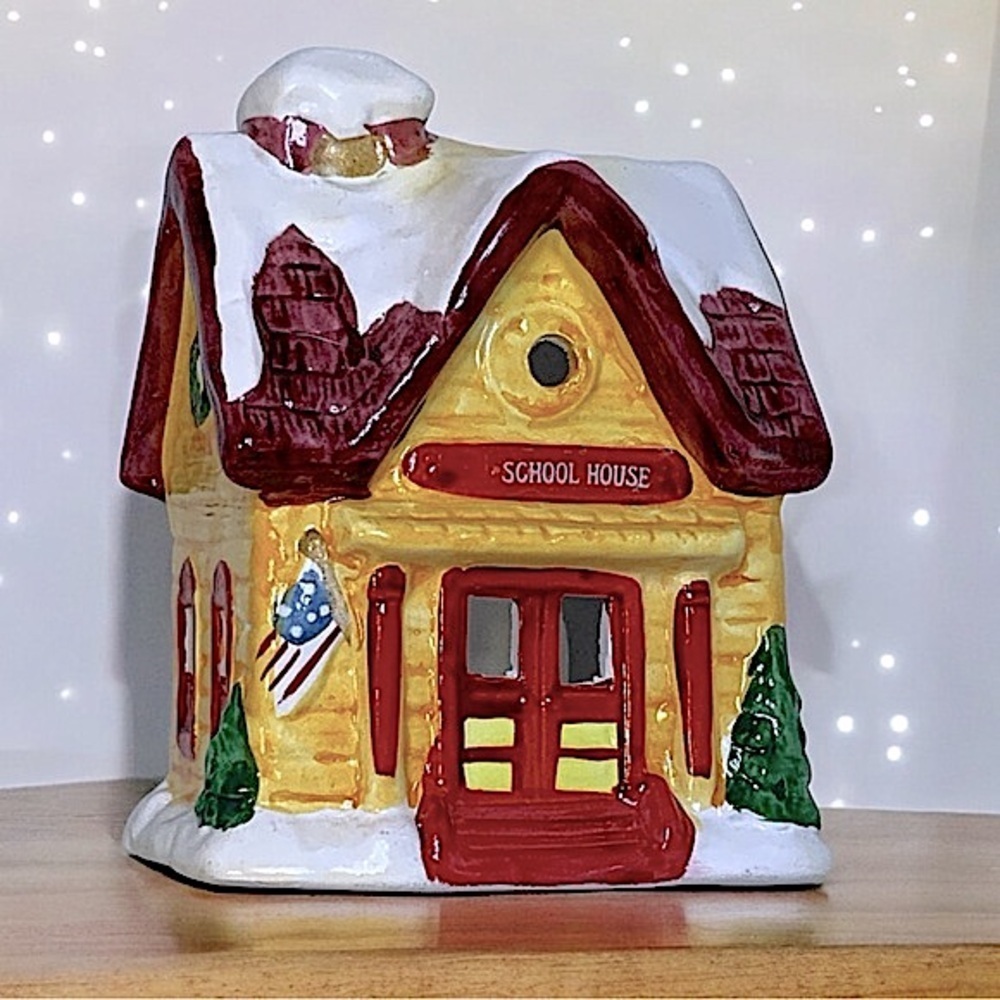 JSNY Vintage Holiday Schoolhouse Candle Holder Hand Painted Porcelain Ceramic